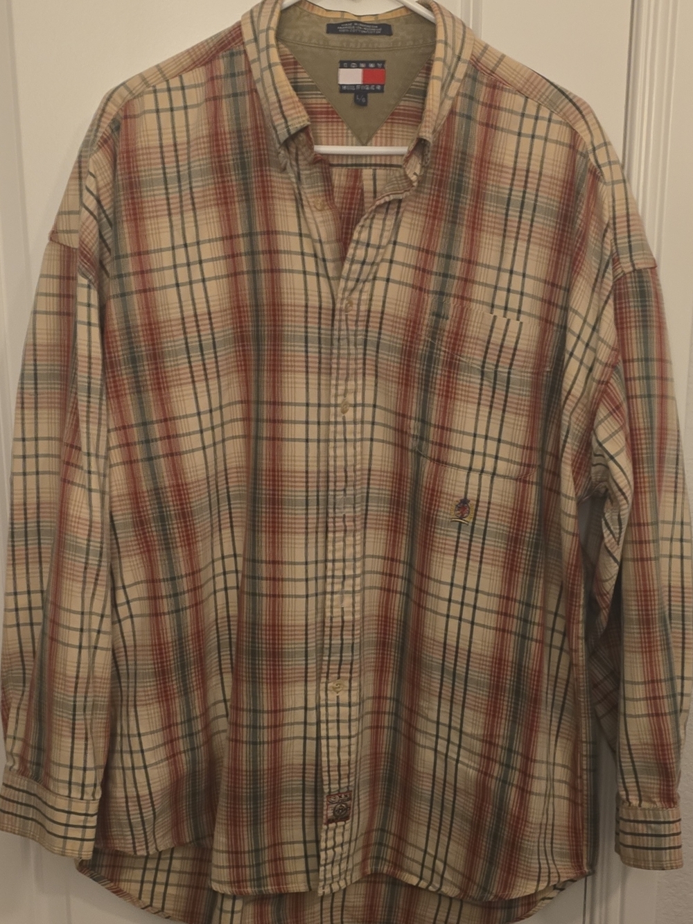 Tommy Hilfiger Beige Plaid Button-Down Shirt with Red and Green Stripes